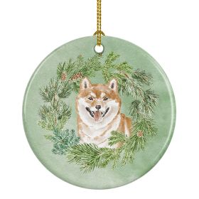 Shiba Inu Smiling Christmas Wreath Ceramic Ornament Christmas Tree Hanging Decorations for Home Christmas Holiday, Party, Gift, 3 in, Multicolor