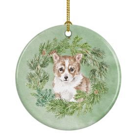 Corgi Puppy Red Christmas Wreath Ceramic Ornament Christmas Tree Hanging Decorations for Home Christmas Holiday, Party, Gift, 3 in, Multicolor