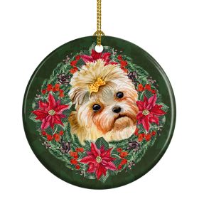 Morkie Poinsetta Wreath Ceramic Ornament Christmas Tree Hanging Decorations for Home Christmas Holiday, Party, Gift, 3 in, Multicolor