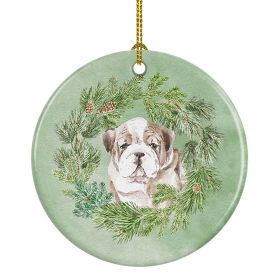 Bulldog Puppy Fawn Brindle Christmas Wreath Ceramic Ornament Christmas Tree Hanging Decorations for Home Christmas Holiday, Party, Gift, 3 in