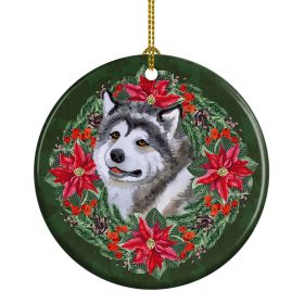 Alaskan Malamute Poinsetta Wreath Ceramic Ornament Christmas Tree Hanging Decorations for Home Christmas Holiday, Party, Gift, 3 in, Multicolor