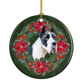 Harlequin Great Dane Poinsetta Wreath Ceramic Ornament Christmas Tree Hanging Decorations for Home Christmas Holiday, Party, Gift, 3 in, Multicolor