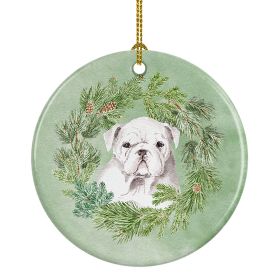 Bulldog Puppy White Christmas Wreath Ceramic Ornament Christmas Tree Hanging Decorations for Home Christmas Holiday, Party, Gift, 3 in, Multicolor