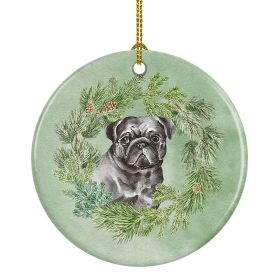 Pug Black Christmas Wreath Ceramic Ornament Christmas Tree Hanging Decorations for Home Christmas Holiday, Party, Gift, 3 in, Multicolor