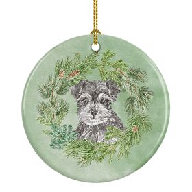 Schnauzer Puppy Black and Silver Christmas Wreath Ceramic Ornament Christmas Tree Hanging Decorations for Home Christmas Holiday, Party, Gift, 3 in