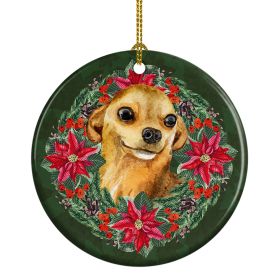 Chihuahua Poinsetta Wreath Ceramic Ornament Christmas Tree Hanging Decorations for Home Christmas Holiday, Party, Gift, 3 in, Multicolor