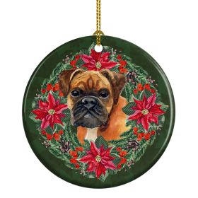 German Boxer Poinsetta Wreath Ceramic Ornament Christmas Tree Hanging Decorations for Home Christmas Holiday, Party, Gift, 3 in, Multicolor