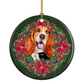 Basset Hound Poinsetta Wreath Ceramic Ornament Christmas Tree Hanging Decorations for Home Christmas Holiday, Party, Gift, 3 in, Multicolor