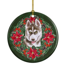 Siberian Husky Grey Poinsetta Wreath Ceramic Ornament Christmas Tree Hanging Decorations for Home Christmas Holiday, Party, Gift, 3 in, Multicolor