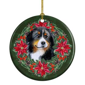 Bernese Mountain Dog Poinsetta Wreath Ceramic Ornament Christmas Tree Hanging Decorations for Home Christmas Holiday, Party, Gift, 3 in, Multicolor