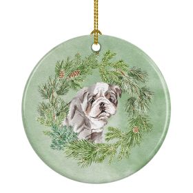 Bulldog Lilac Puppy Christmas Wreath Ceramic Ornament Christmas Tree Hanging Decorations for Home Christmas Holiday, Party, Gift, 3 in, Multicolor