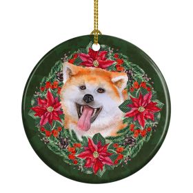 Akita Poinsetta Wreath Ceramic Ornament Christmas Tree Hanging Decorations for Home Christmas Holiday, Party, Gift, 3 in, Multicolor