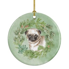 Pug Puppy Fawn Christmas Wreath Ceramic Ornament Christmas Tree Hanging Decorations for Home Christmas Holiday, Party, Gift, 3 in, Multicolor