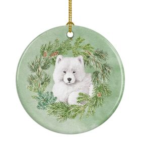 Samoyed Puppy Christmas Wreath Ceramic Ornament Christmas Tree Hanging Decorations for Home Christmas Holiday, Party, Gift, 3 in, Multicolor