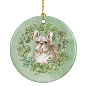 French Bulldog Fawn Christmas Wreath Ceramic Ornament Christmas Tree Hanging Decorations for Home Christmas Holiday, Party, Gift, 3 in, Multicolor