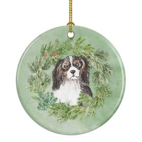 Cavalier Spaniel Tricolor Head Tilt Christmas Wreath Ceramic Ornament Christmas Tree Hanging Decorations for Home Christmas Holiday, Party, Gift, 3 in