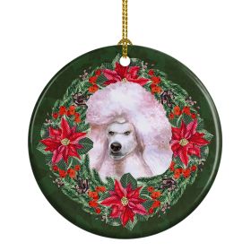 White Standard Poodle Poinsetta Wreath Ceramic Ornament Christmas Tree Hanging Decorations for Home Christmas Holiday, Party, Gift, 3 in, Multicolor