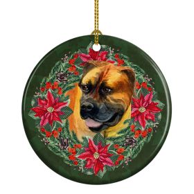 Boerboel Mastiff Poinsetta Wreath Ceramic Ornament Christmas Tree Hanging Decorations for Home Christmas Holiday, Party, Gift, 3 in, Multicolor