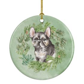 French Bulldog Puppy Black Christmas Wreath Ceramic Ornament Christmas Tree Hanging Decorations for Home Christmas Holiday, Party, Gift, 3 in