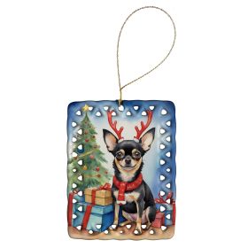 Black and Tan Chihuahua Christmas Reindeer Porcelain Ornament Christmas Tree Hanging Decorations for Home Christmas Holiday, Rectangle, Gift