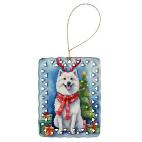 American Eskimo Christmas Reindeer Porcelain Ornament Christmas Tree Hanging Decorations for Home Christmas Holiday, Rectangle, Gift, Multicolor