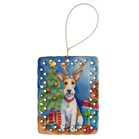 Fox Terrier Christmas Reindeer Porcelain Ornament Christmas Tree Hanging Decorations for Home Christmas Holiday, Rectangle, Gift, Multicolor