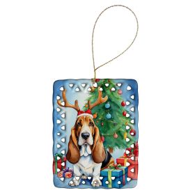 Basset Hound Christmas Reindeer Porcelain Ornament Christmas Tree Hanging Decorations for Home Christmas Holiday, Rectangle, Gift, Multicolor