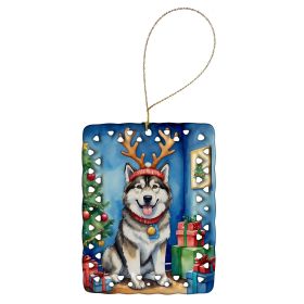 Alaskan Malamute Christmas Reindeer Porcelain Ornament Christmas Tree Hanging Decorations for Home Christmas Holiday, Rectangle, Gift, Multicolor