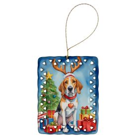 English Foxhound Christmas Reindeer Porcelain Ornament Christmas Tree Hanging Decorations for Home Christmas Holiday, Rectangle, Gift, Multicolor