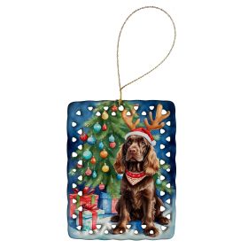 Chocolate Cocker Spaniel Christmas Reindeer Porcelain Ornament Christmas Tree Hanging Decorations for Home Christmas Holiday, Rectangle, Gift