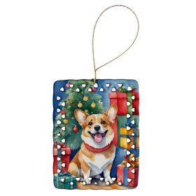 Corgi Christmas Reindeer Porcelain Ornament Christmas Tree Hanging Decorations for Home Christmas Holiday, Rectangle, Gift, Multicolor