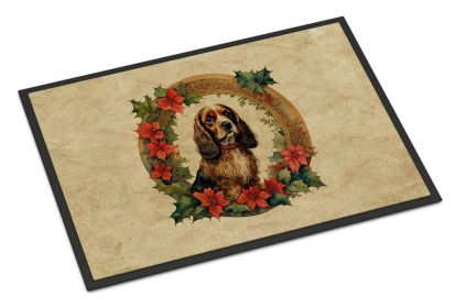 English Cocker Spaniel Christmas Flowers Doormat Front Door Mat Indoor Outdoor Rugs for Entryway, Non Slip Washable Low Pile, 24H X 36W