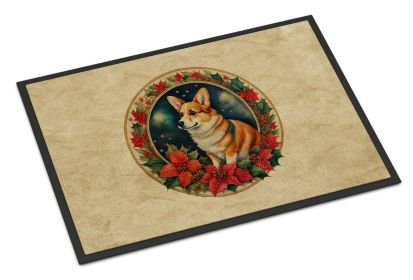 Corgi Christmas Flowers Doormat Front Door Mat Indoor Outdoor Rugs for Entryway, Non Slip Washable Low Pile, 24H X 36W