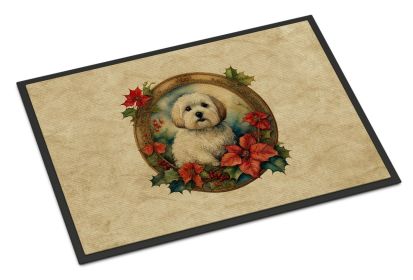 Coton De Tulear Christmas Flowers Doormat Front Door Mat Indoor Outdoor Rugs for Entryway, Non Slip Washable Low Pile, 24H X 36W