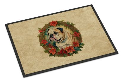 English Bulldog Christmas Flowers Doormat Front Door Mat Indoor Outdoor Rugs for Entryway, Non Slip Washable Low Pile, 24H X 36W