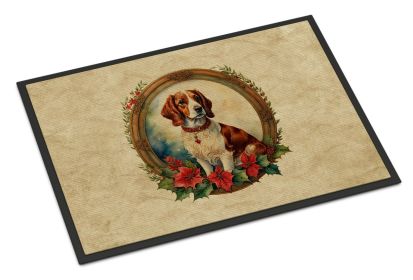 Brittany Spaniel Christmas Flowers Doormat Front Door Mat Indoor Outdoor Rugs for Entryway, Non Slip Washable Low Pile, 24H X 36W