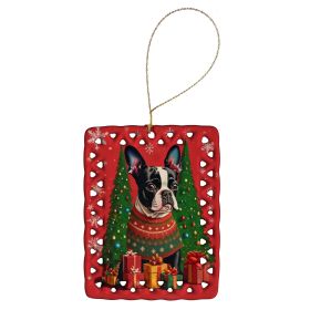 Boston Terrier Holiday Christmas Porcelain Ornament Christmas Tree Hanging Decorations for Home Christmas Holiday, Rectangle, Gift, Multicolor