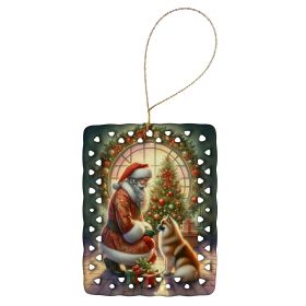 Finnish Spitz and Santa Claus Porcelain Ornament Christmas Tree Hanging Decorations for Home Christmas Holiday, Rectangle, Gift, Multicolor