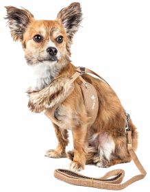 Pet Life Luxe 'Furracious' 2-In-1 Mesh Reversed Adjustable Dog Harness-Leash W/ Removable Fur Collar (Color: Khaki, size: large)